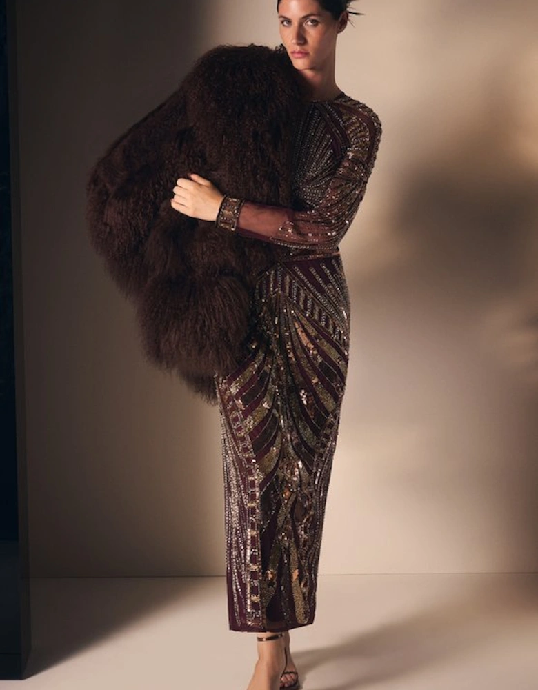 Premium Mirrored Crystal Embellished Woven Long Sleeve Column Dress