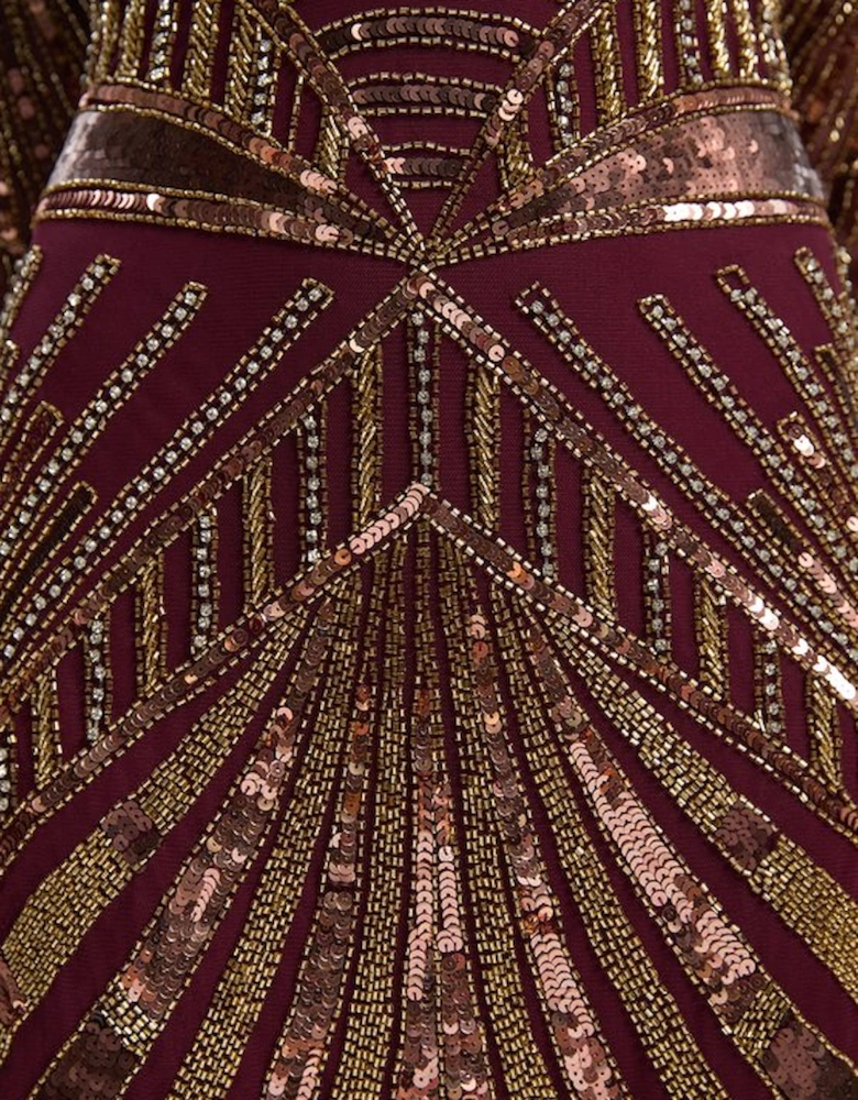 Premium Mirrored Crystal Embellished Woven Long Sleeve Column Dress