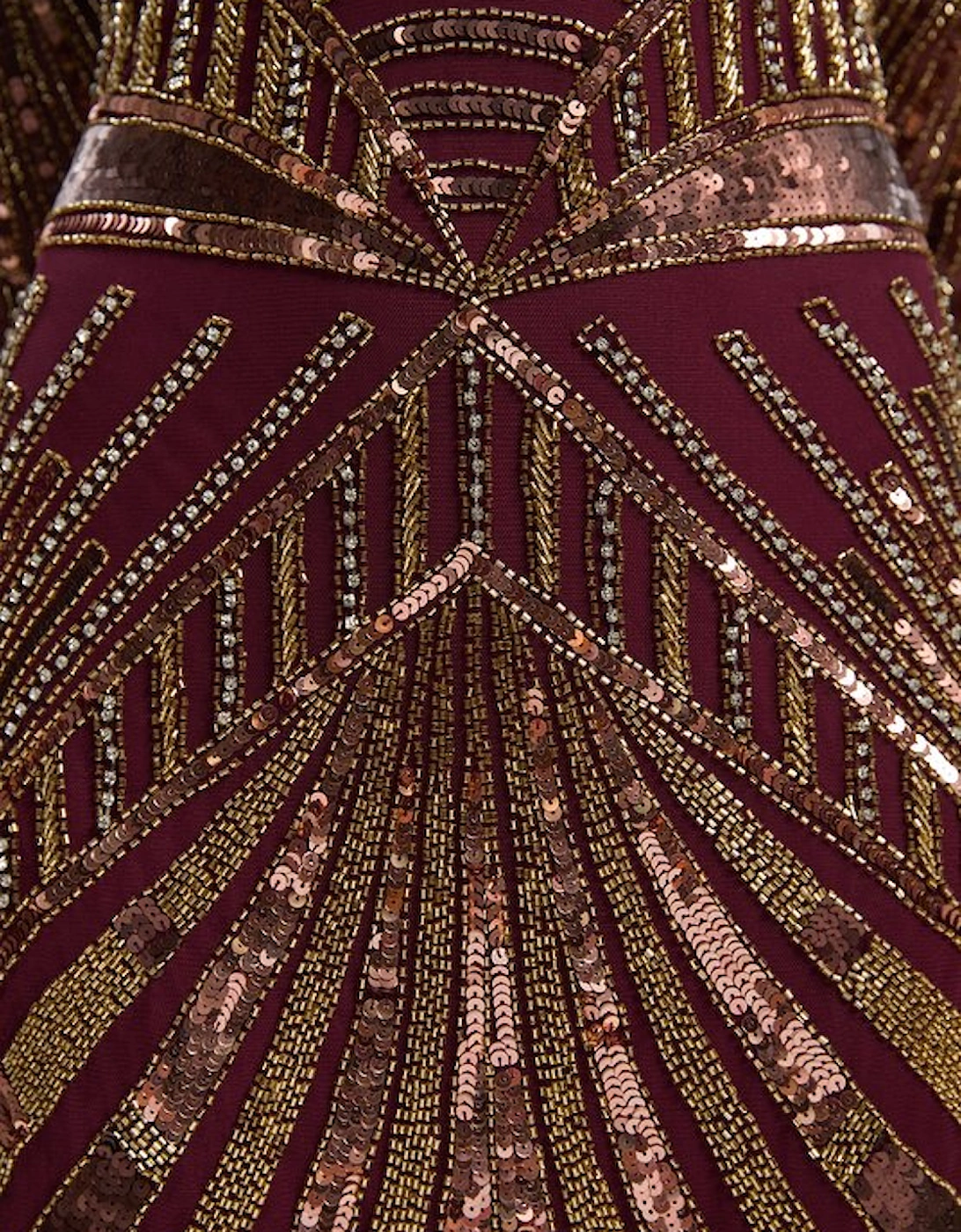 Premium Mirrored Crystal Embellished Woven Long Sleeve Column Dress