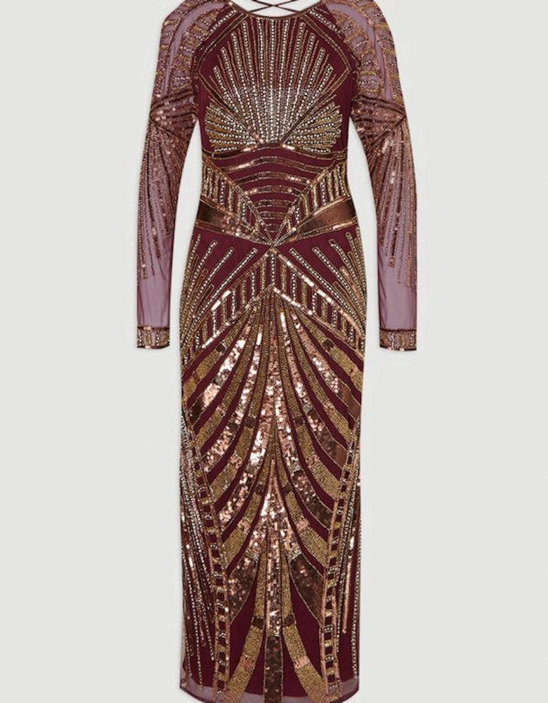 Premium Mirrored Crystal Embellished Woven Long Sleeve Column Dress