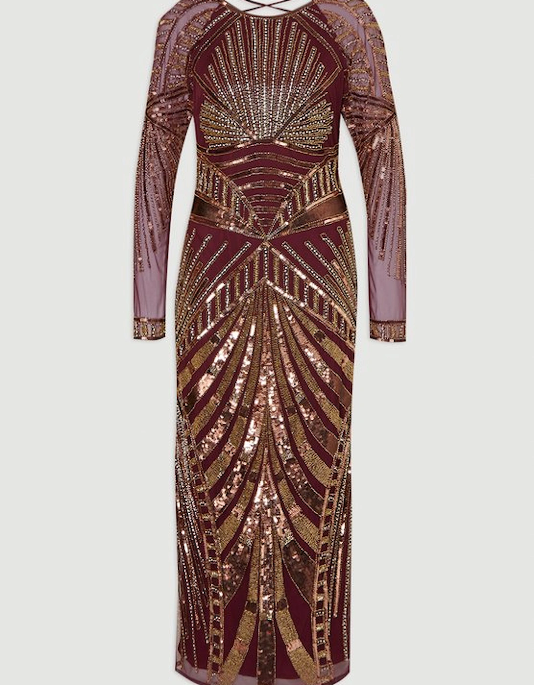 Premium Mirrored Crystal Embellished Woven Long Sleeve Column Dress