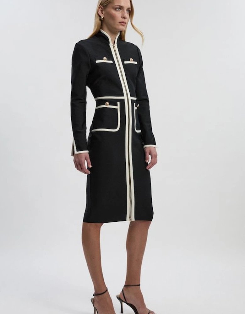 Figure Form Bandage Knit Piping Detail Military Midi Dress