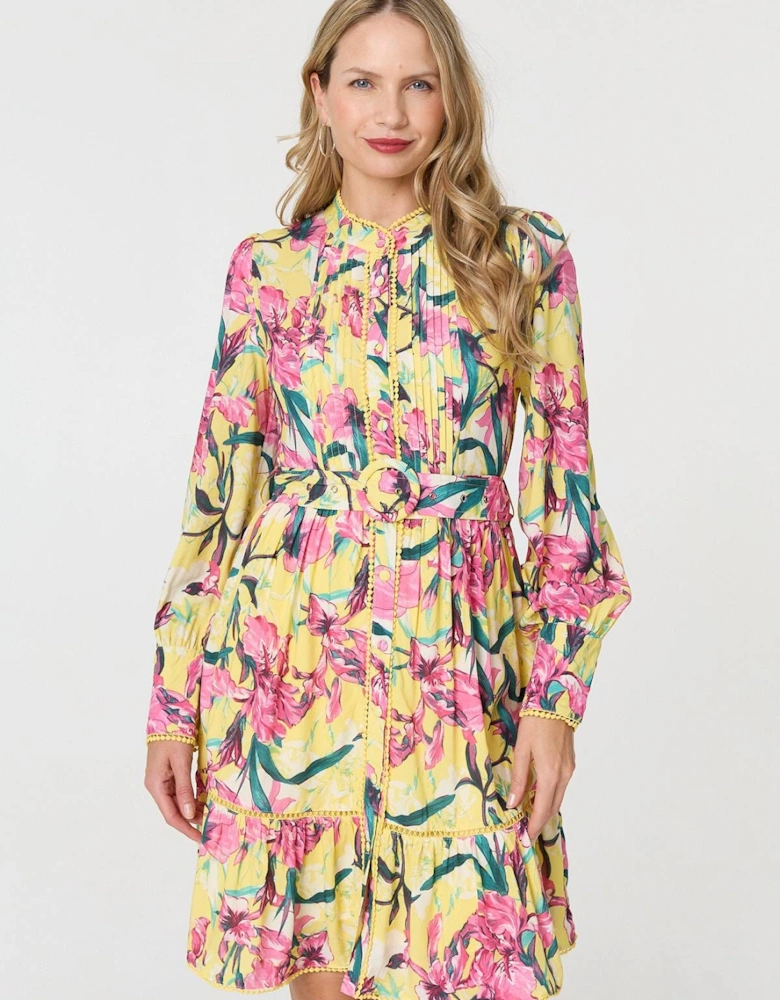 Floral High Neck Long Sleeve Short Dress