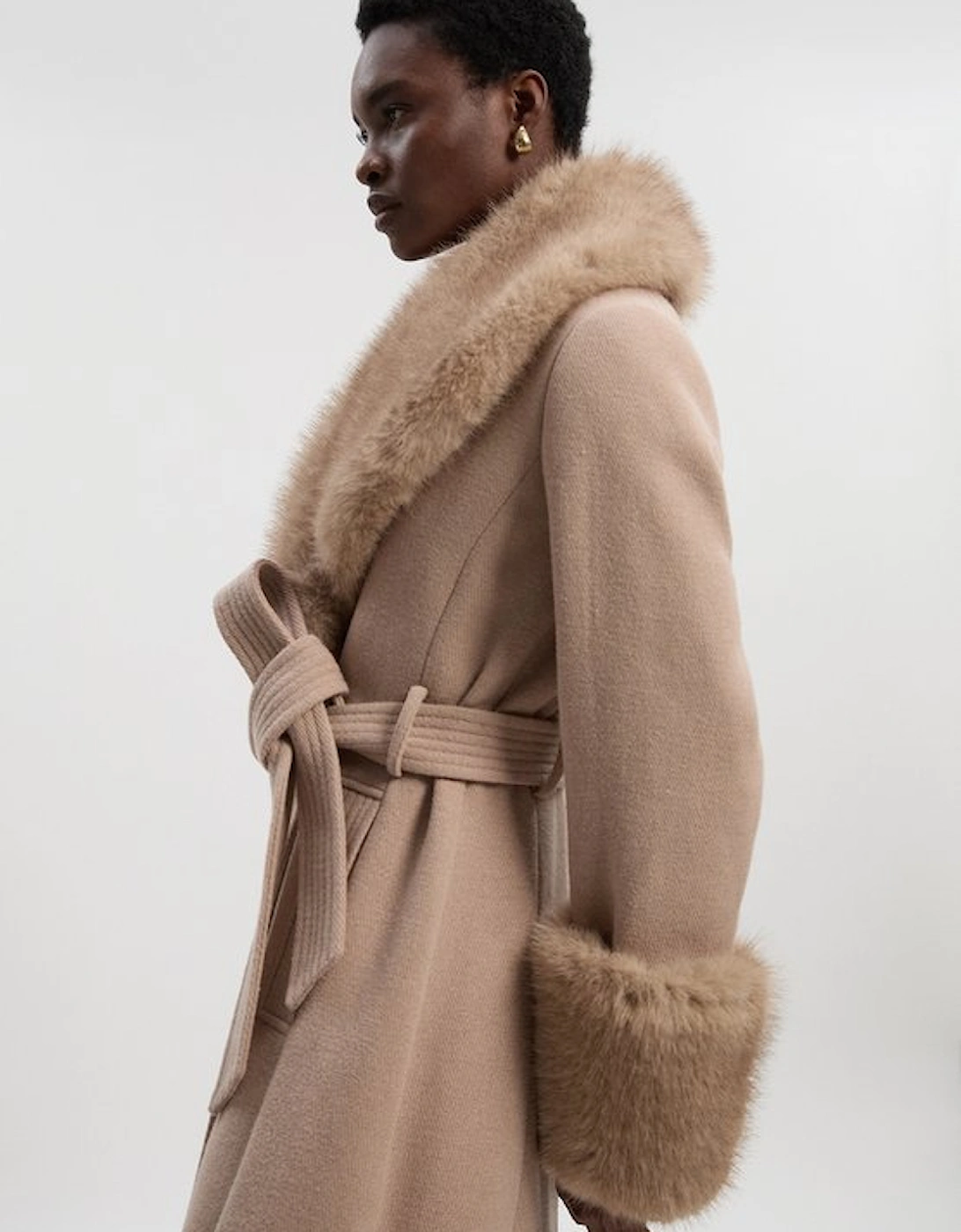 Petite Wool Blend Detachable Faux Fur Belted Coat