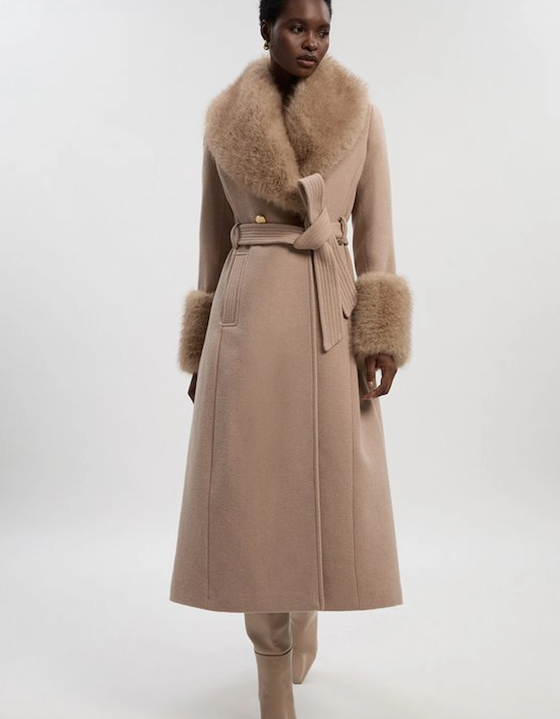 Petite Wool Blend Detachable Faux Fur Belted Coat, 2 of 1