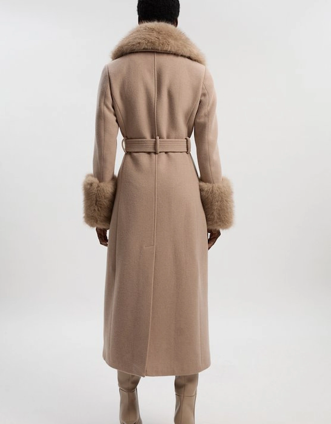 Petite Wool Blend Detachable Faux Fur Belted Coat