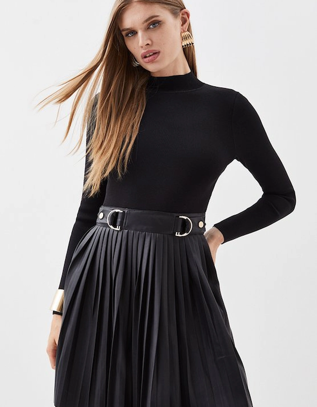 Tall Knitted Skater Dress With Pu Detailing, 2 of 1