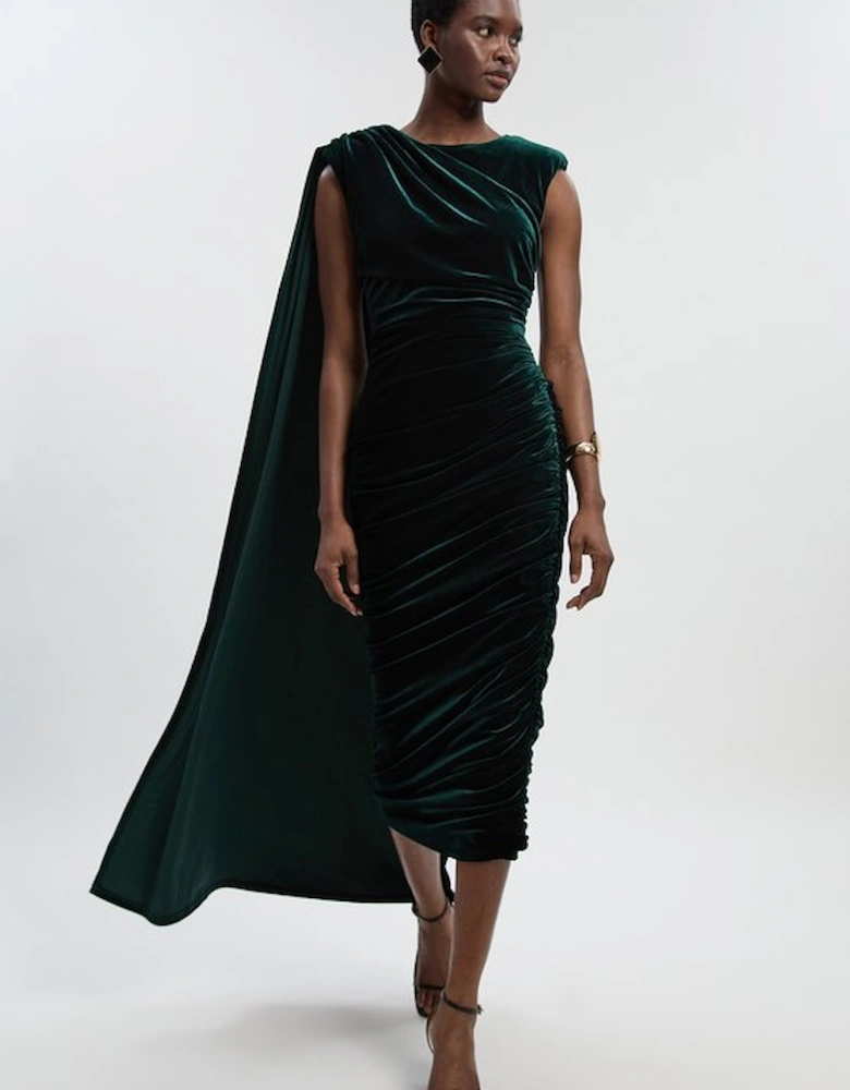 Petite Stretch Velvet Crew Neck Cape Shoulder Maxi Dress