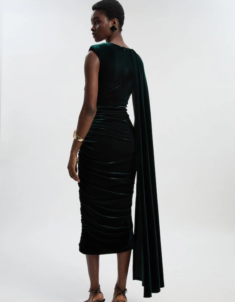 Petite Stretch Velvet Crew Neck Cape Shoulder Maxi Dress