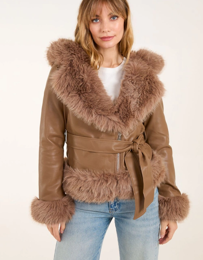 Hooded Zip Fur Cropped Leather Look Jacket