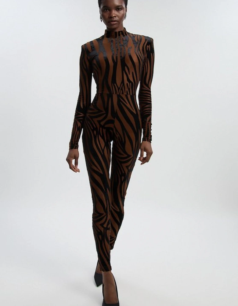 Animal Stretch Velvet Devore High Neck Catsuit