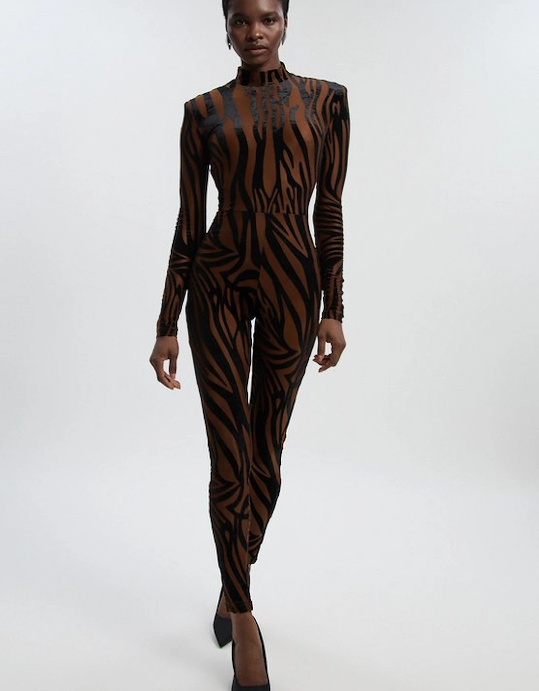 Animal Stretch Velvet Devore High Neck Catsuit