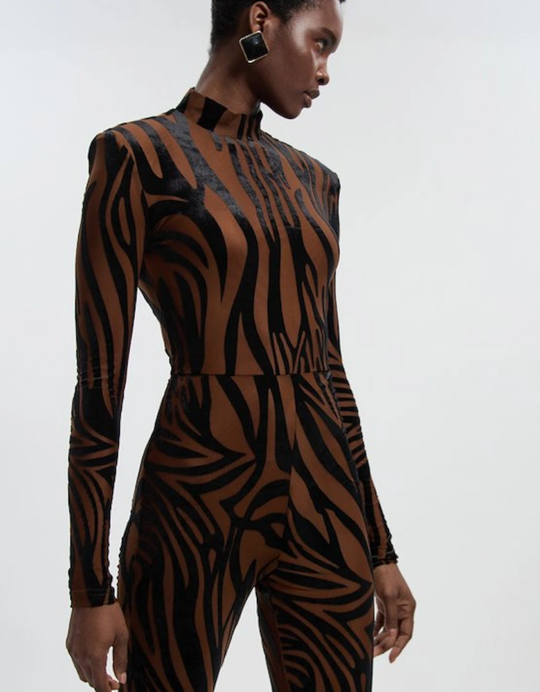 Animal Stretch Velvet Devore High Neck Catsuit