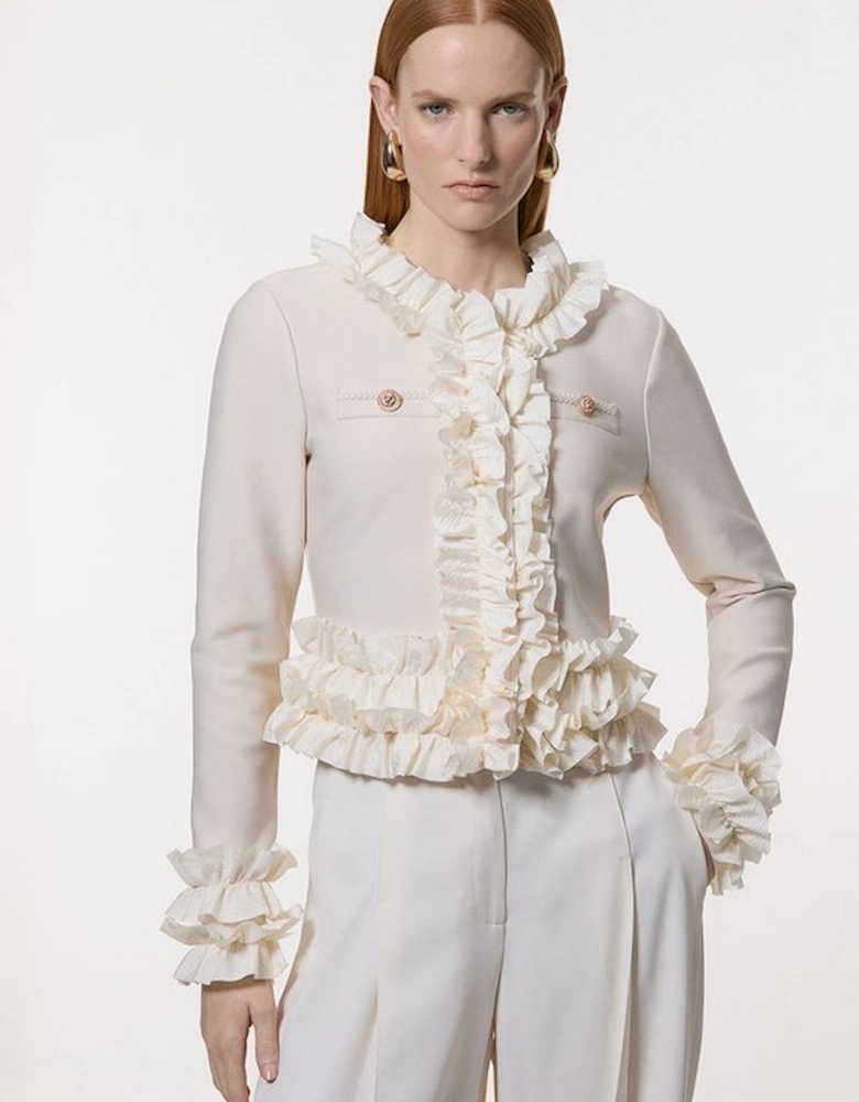Tall Figure Form Bandage Knit Jacket With Woven Ruffle Trim