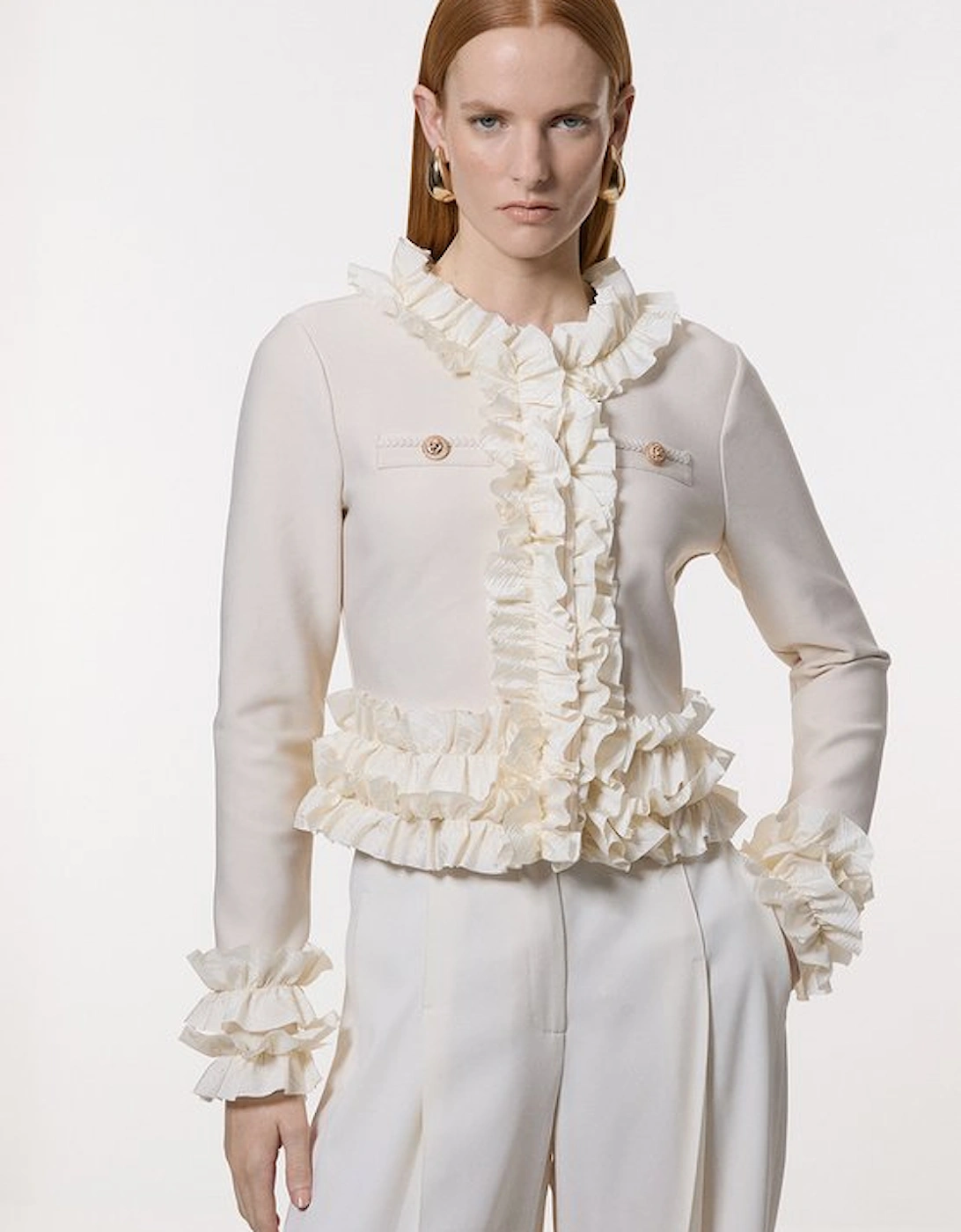 Tall Figure Form Bandage Knit Jacket With Woven Ruffle Trim, 2 of 1