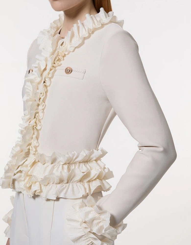 Tall Figure Form Bandage Knit Jacket With Woven Ruffle Trim