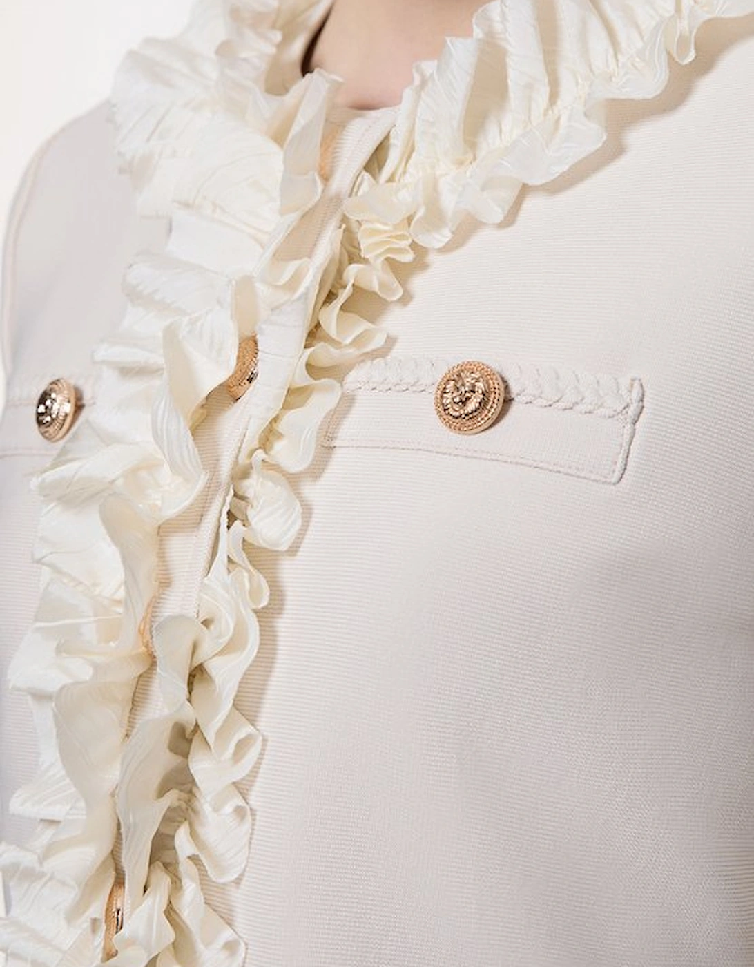 Tall Figure Form Bandage Knit Jacket With Woven Ruffle Trim