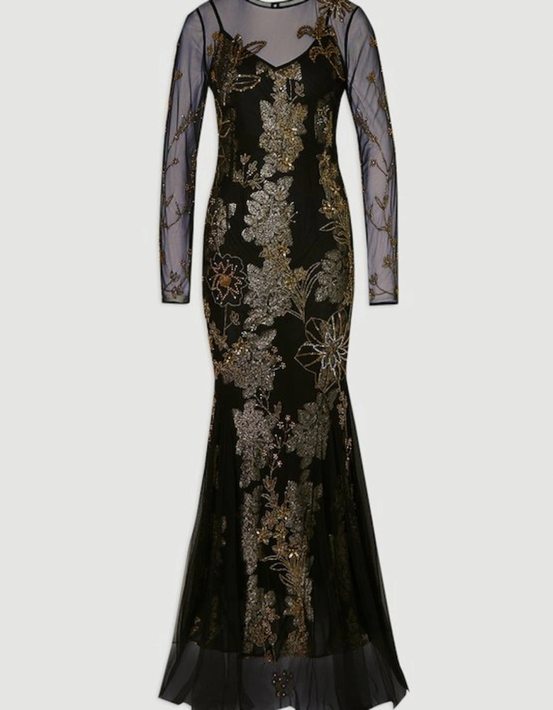 Floral Applique Embellished Metallic Georgette Woven Maxi Dress