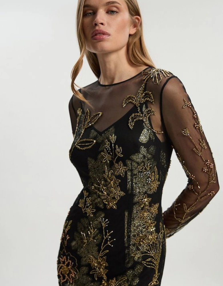 Floral Applique Embellished Metallic Georgette Woven Maxi Dress