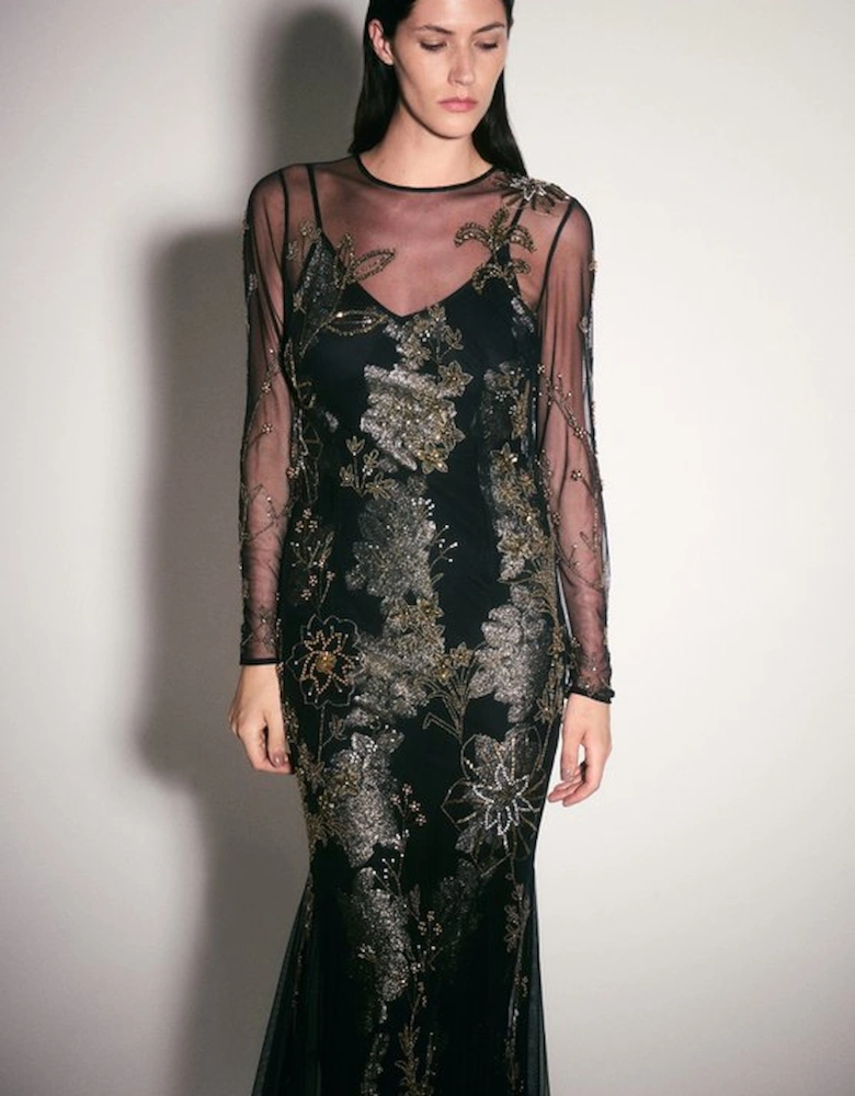 Floral Applique Embellished Metallic Georgette Woven Maxi Dress