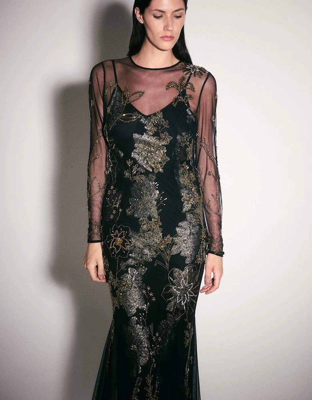 Floral Applique Embellished Metallic Georgette Woven Maxi Dress, 2 of 1