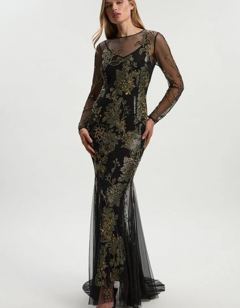 Floral Applique Embellished Metallic Georgette Woven Maxi Dress