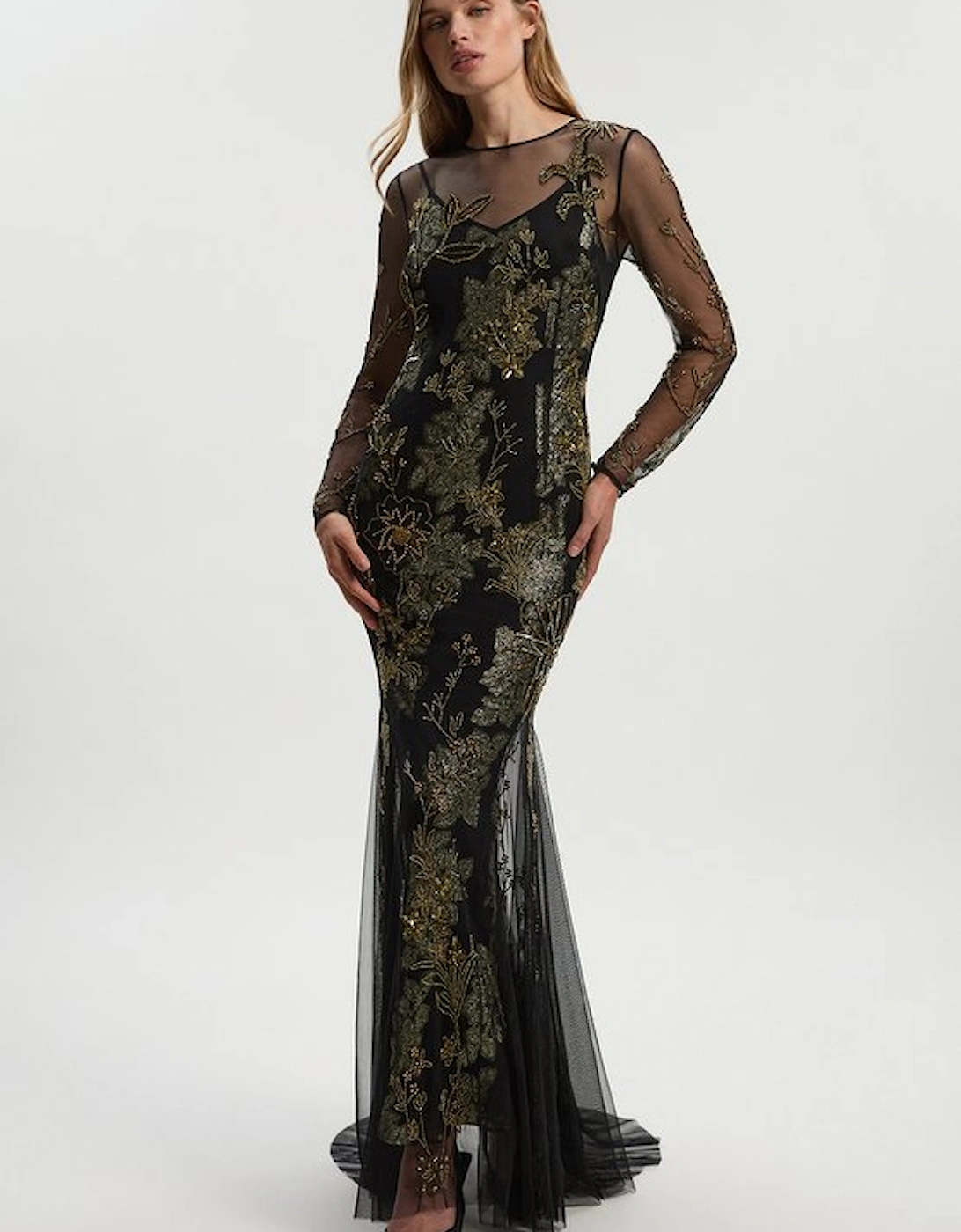 Floral Applique Embellished Metallic Georgette Woven Maxi Dress