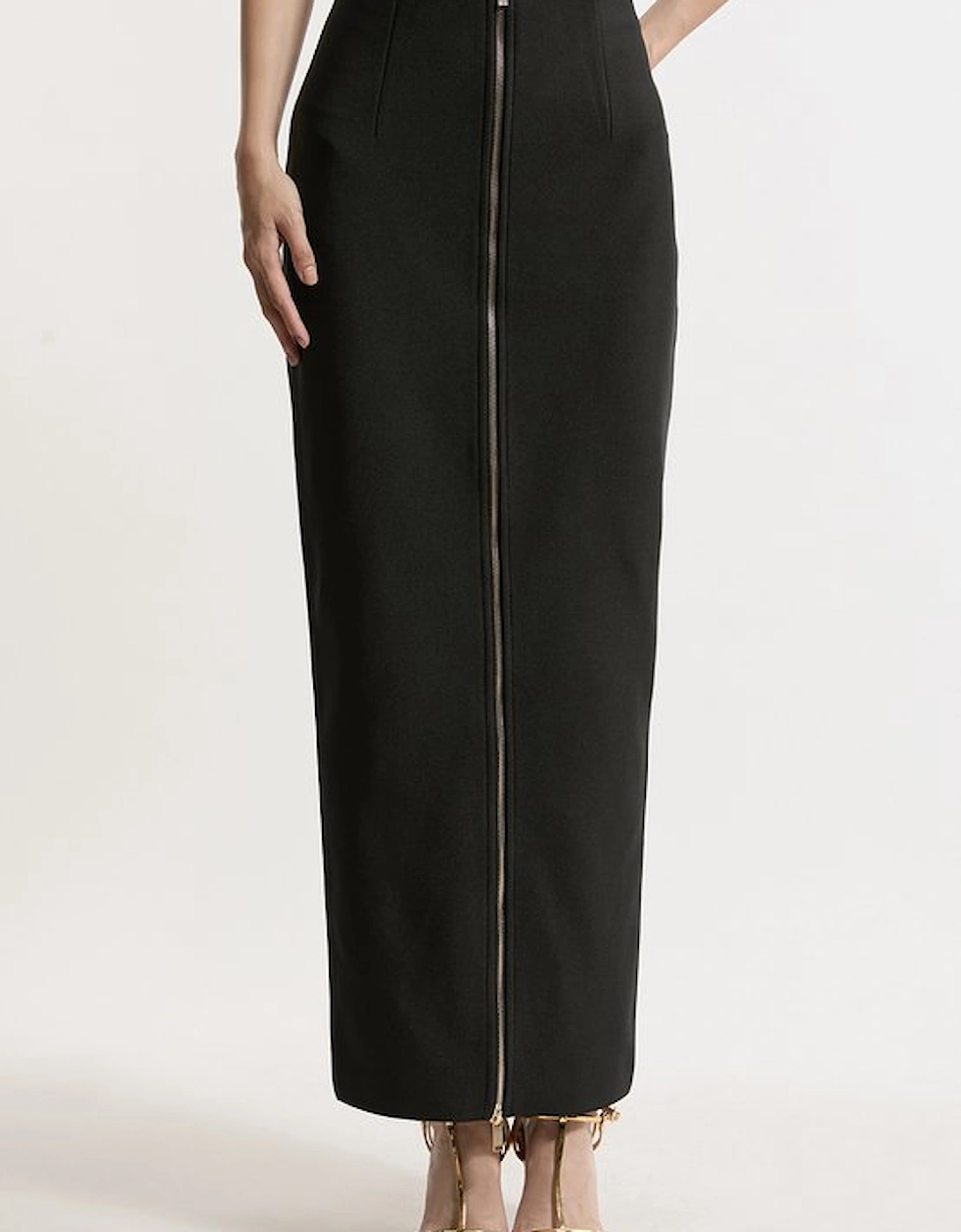 Petite Figure Form Bandage Knit High Waisted Zip Detail Maxi Skirt