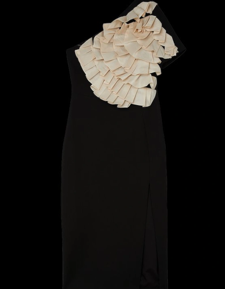Compact Stretch Taffeta Ruffle One Shoulder Midi Dress