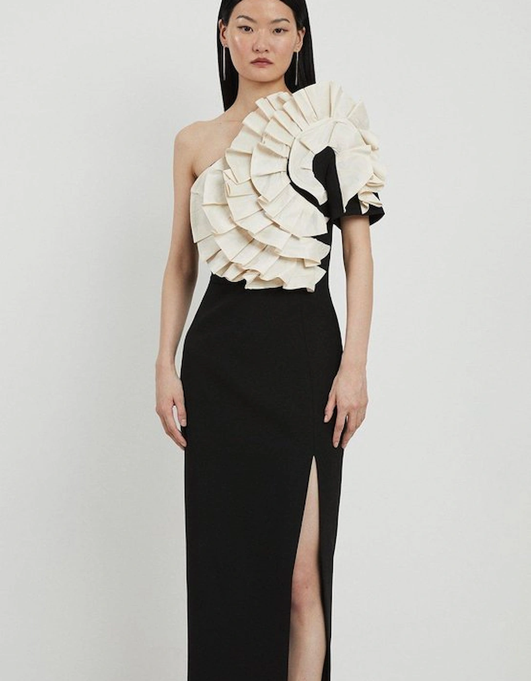 Compact Stretch Taffeta Ruffle One Shoulder Midi Dress, 5 of 4