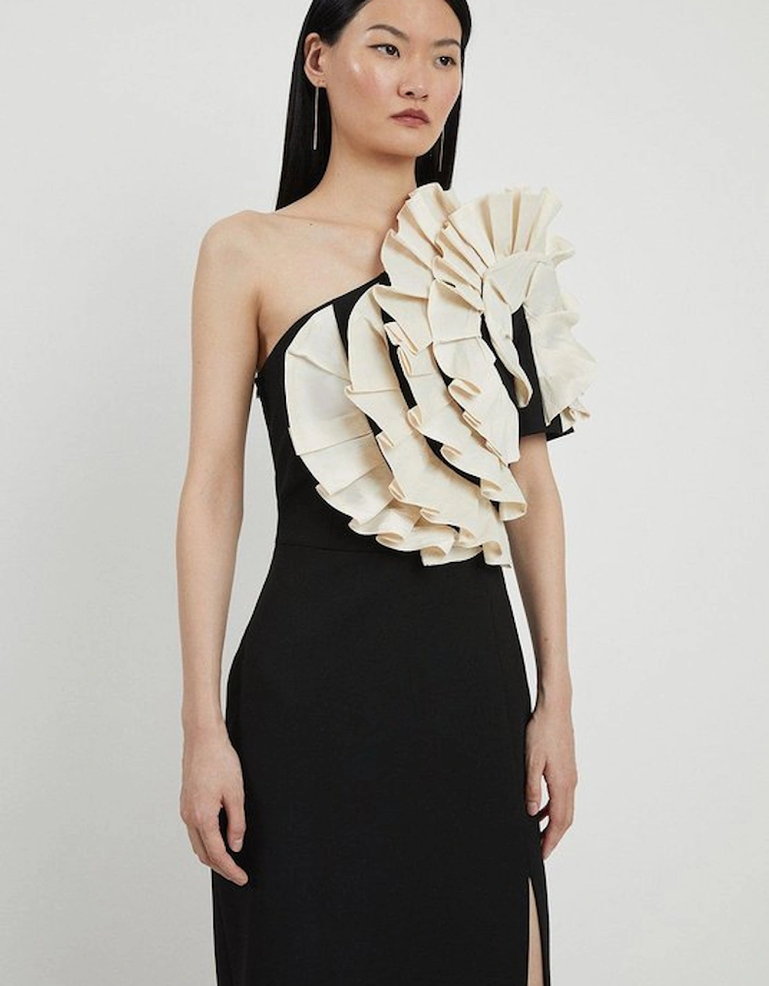 Compact Stretch Taffeta Ruffle One Shoulder Midi Dress