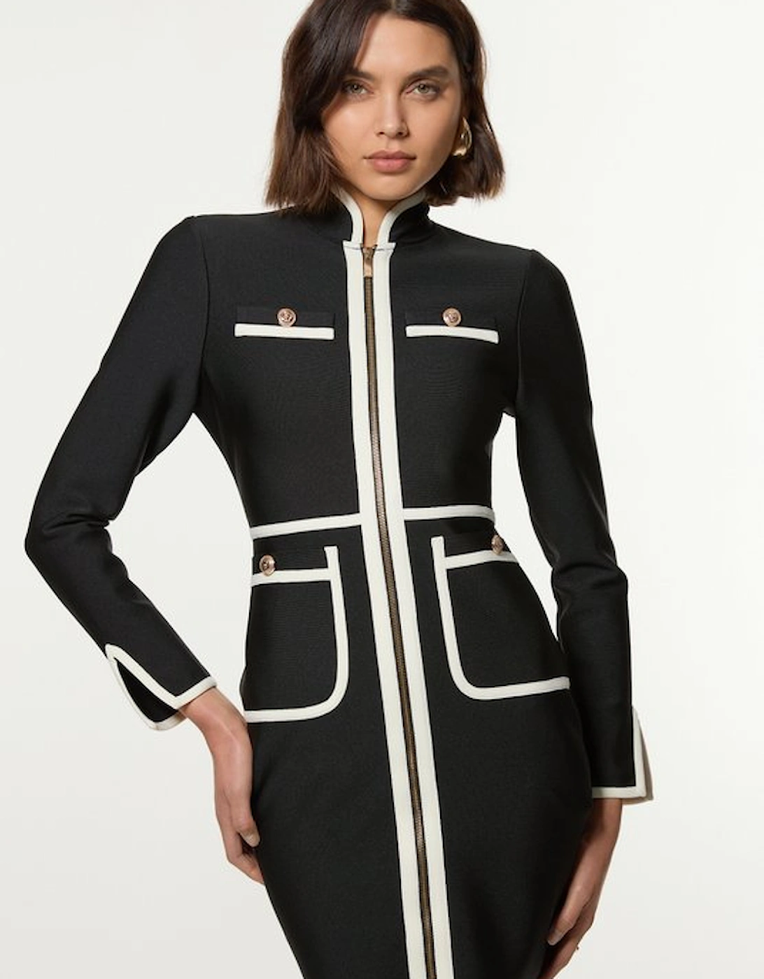 Petite Figure Form Bandage Knit Piping Detail Military Dress, 2 of 1