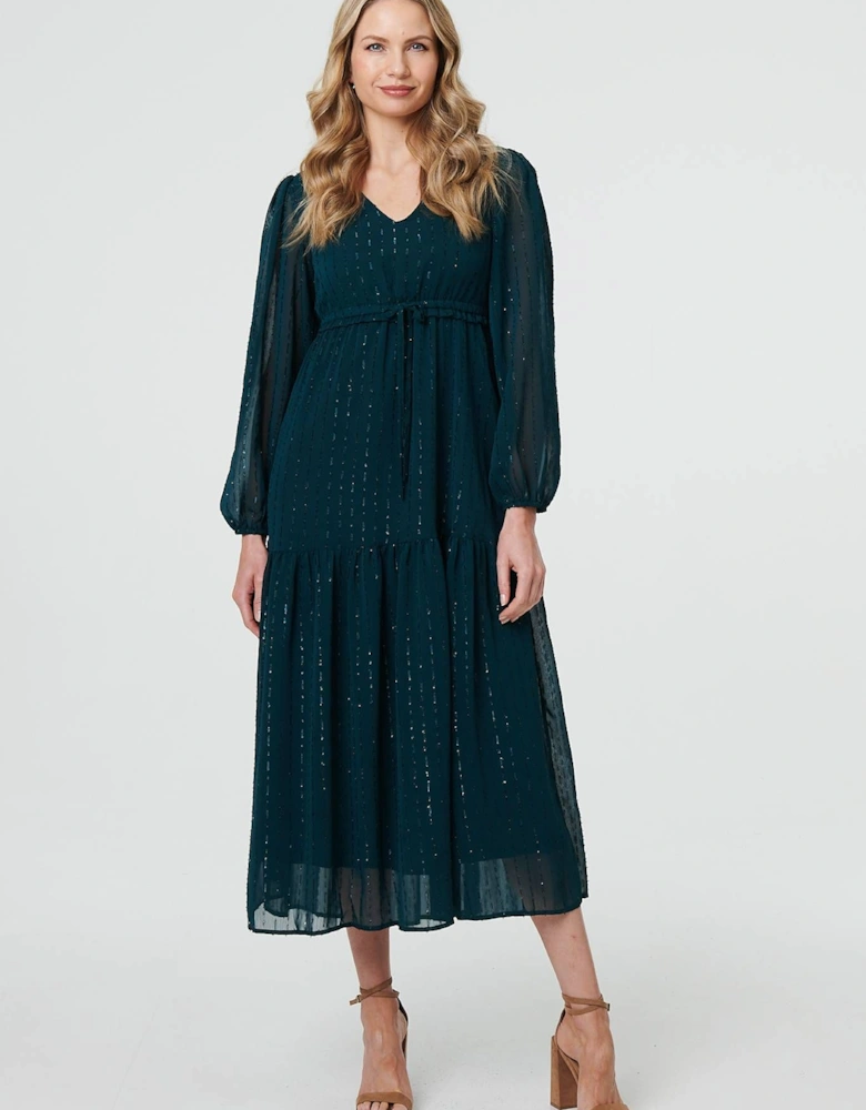 Sparkly Semi Sheer Long Sleeve Midi Dress