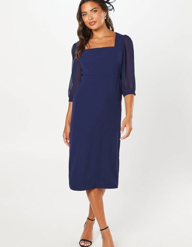 Occasion Square Neck Contrast Sleeve Pencil Dress