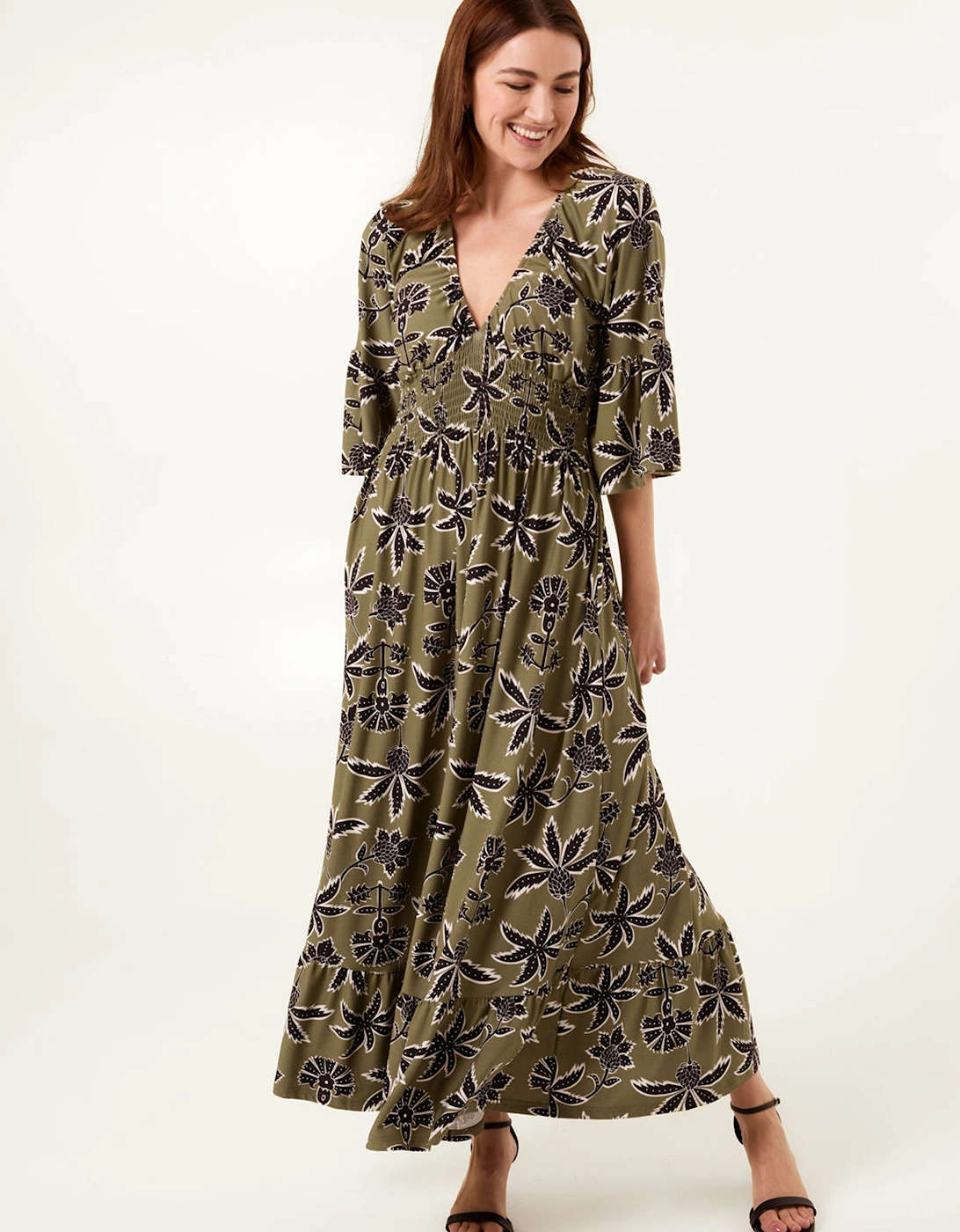 Khaki Tropical Print Shirred Waist Maxi Dress, 2 of 1