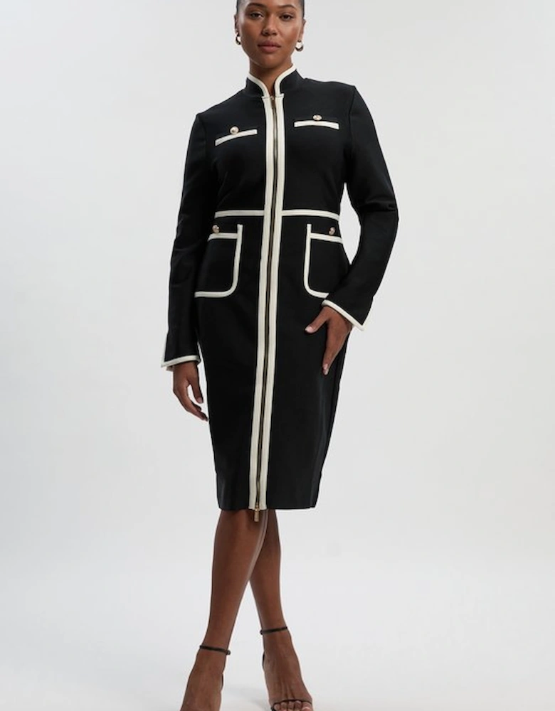 Plus Size Figure Form Bandage Knit Piping Detail Military Midi Dress