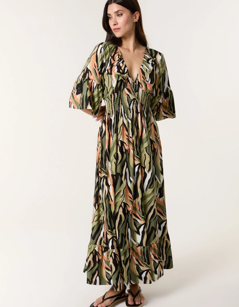 Khaki Elasticated Neck Shirred Waist Maxi Dress