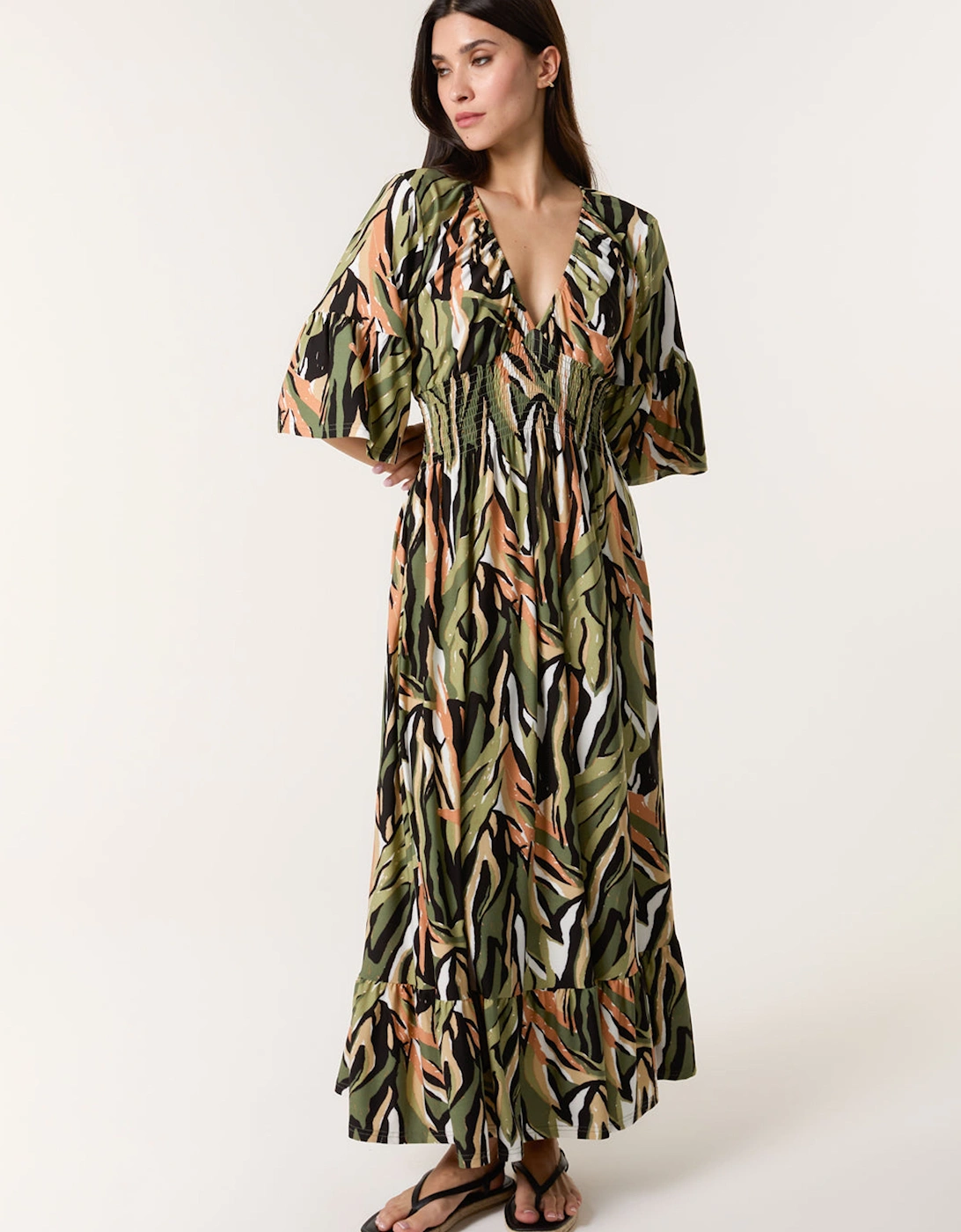 Khaki Elasticated Neck Shirred Waist Maxi Dress, 2 of 1
