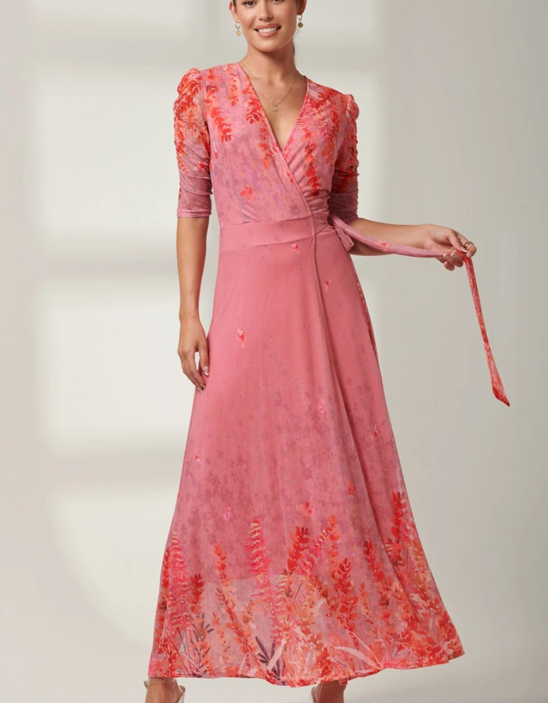 Kinley Print Wrap Mesh Maxi Dress