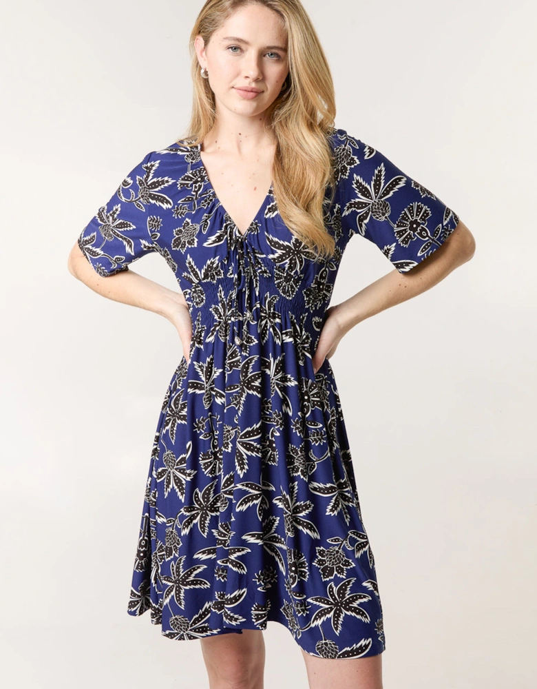 Navy Shirred Waist Beaded V Neck Mini Dress