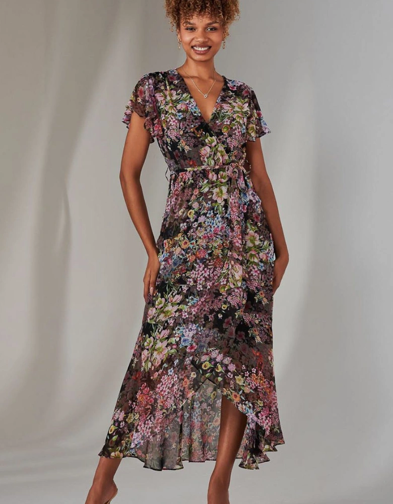 Chiffon Print Frill Dip Hem Maxi Dress