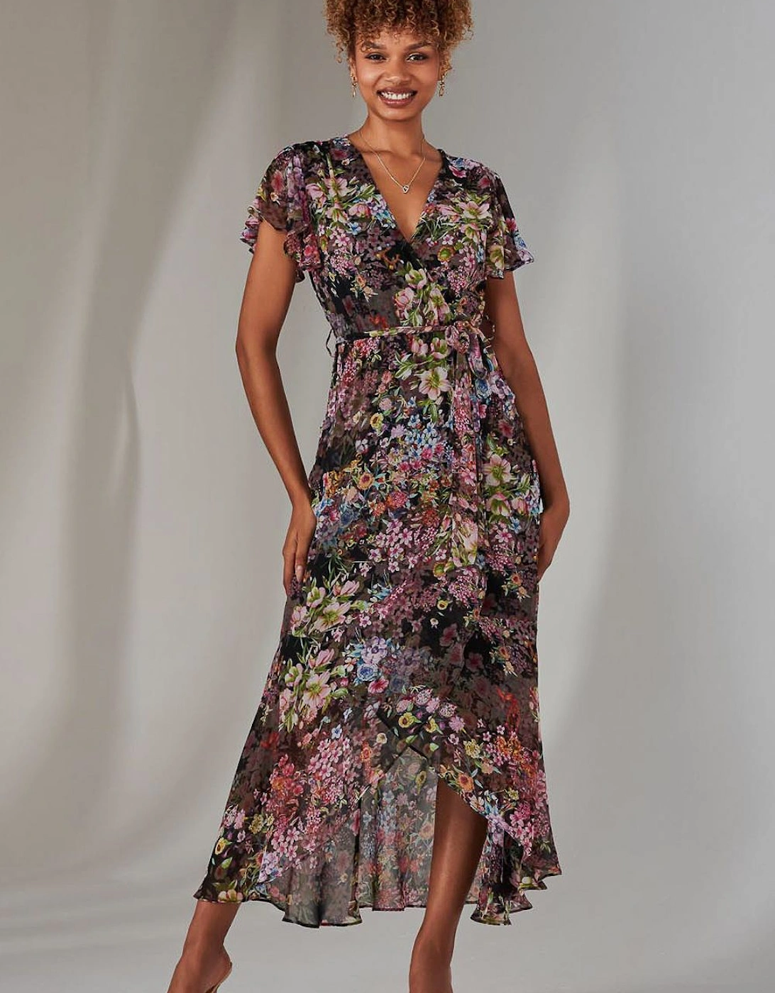 Chiffon Print Frill Dip Hem Maxi Dress, 2 of 1