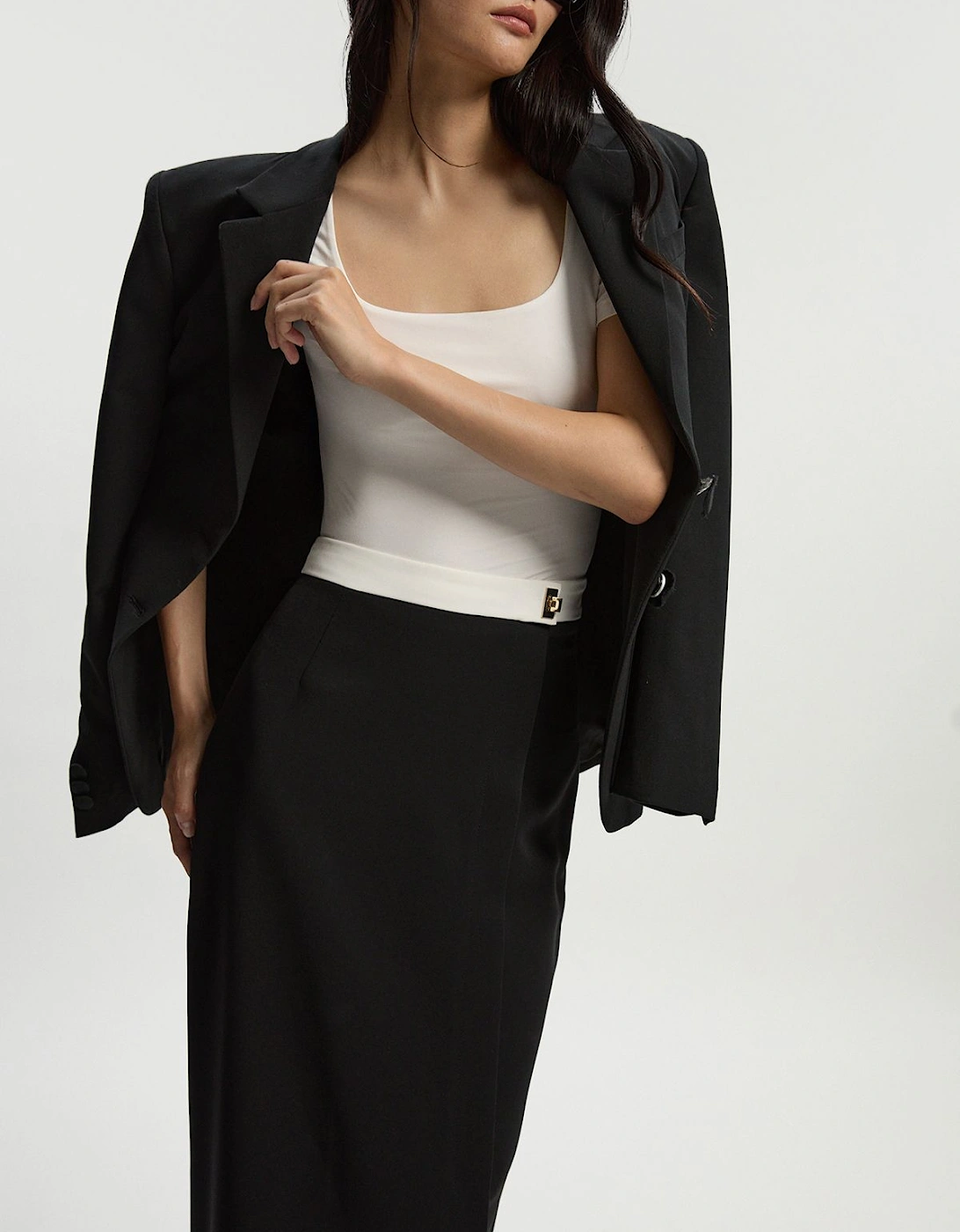 Petite Twill Contrast Hardware Woven Midi Skirt, 2 of 1