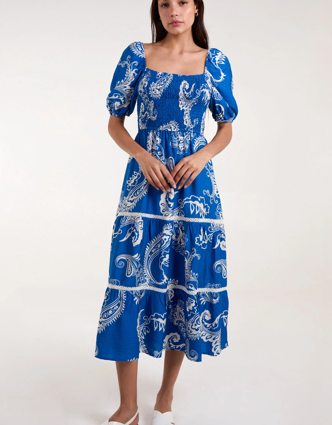 Bright Blue Square Neck Shirred Waist Midi Dress, 2 of 1