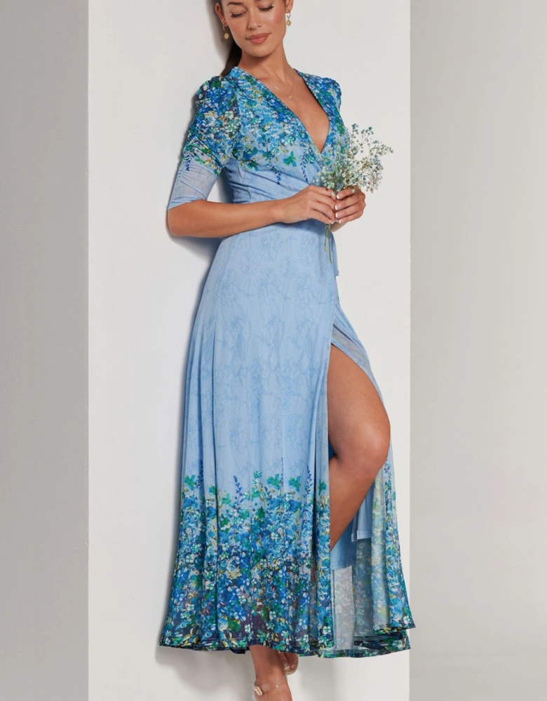 Peggy Ruched Sleeve Wrap Mesh Maxi Dress