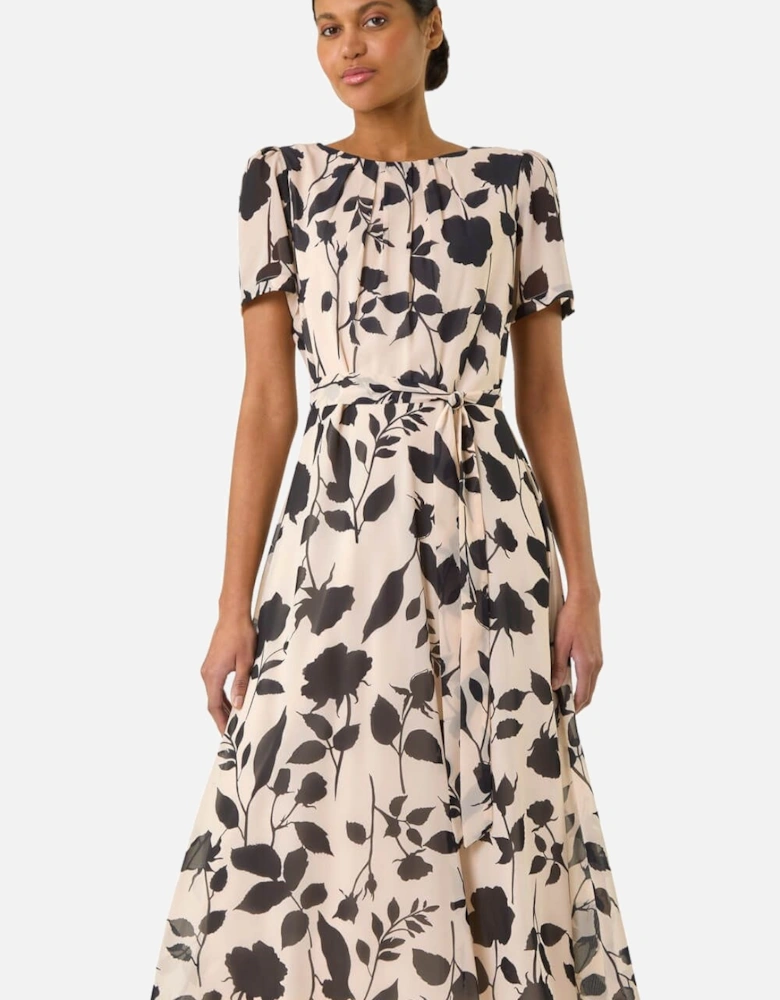 Floral Print Pleat Neck Midi Dress