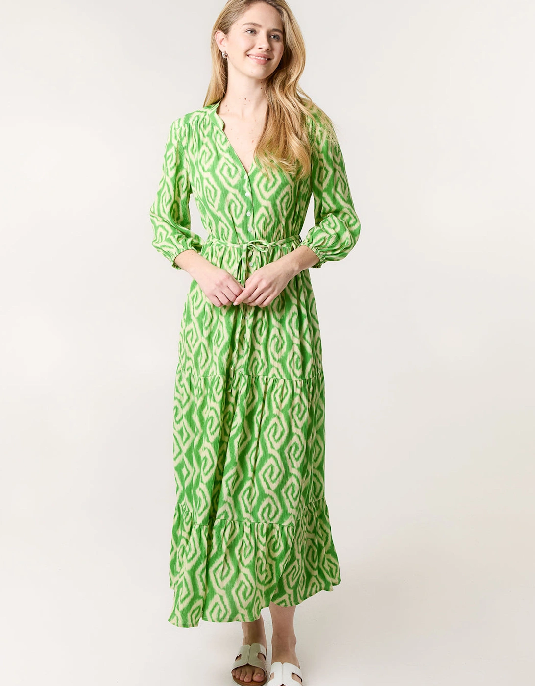 Green Abstract Button Front Belted Dress, 2 of 1