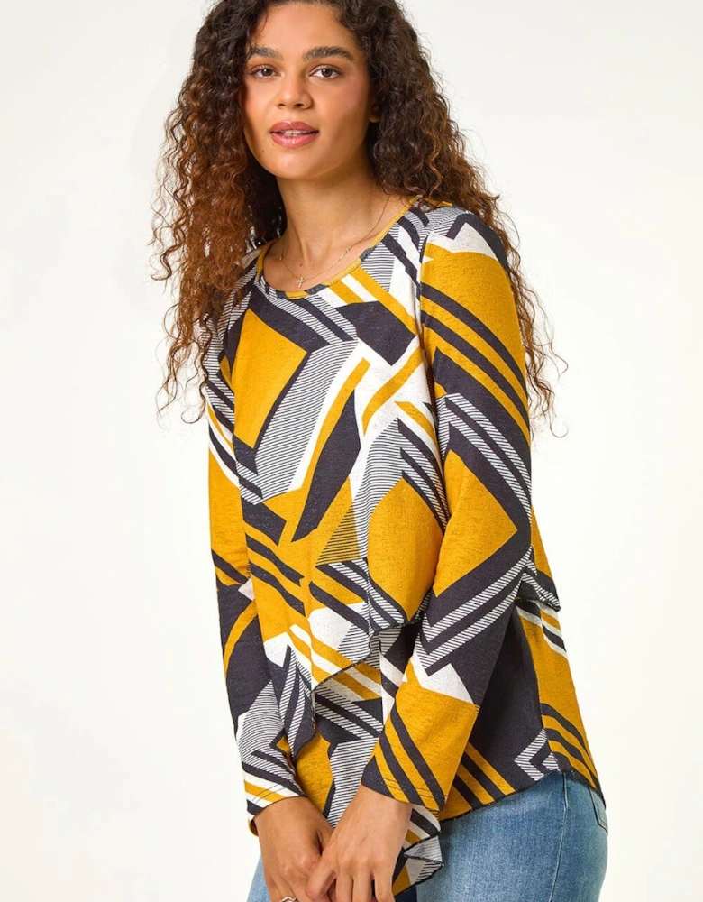 Geometric Print Wrap Tunic Stretch Top