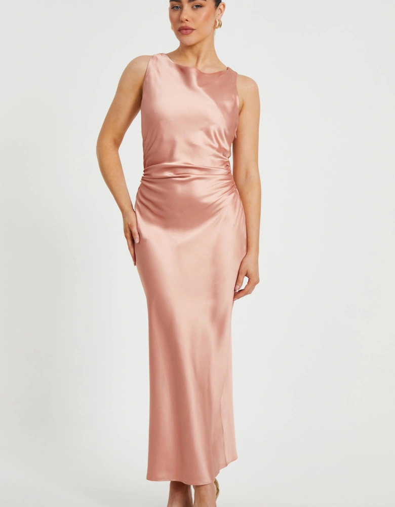 Pale Pink Petite Satin Ruched Midaxi Dress