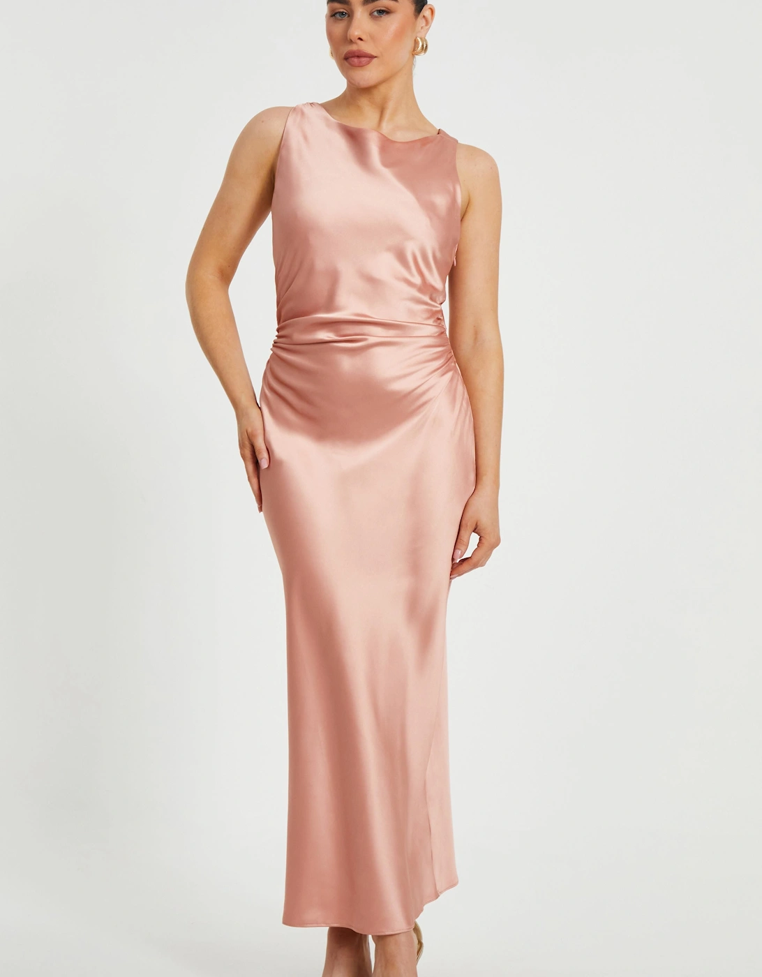 Pale Pink Petite Satin Ruched Midaxi Dress, 2 of 1